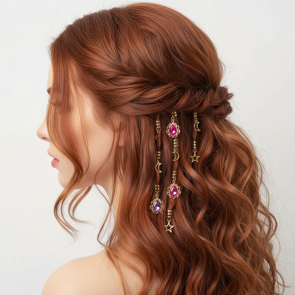 Gold Hair Braid Charms Set - Star Moon Gemstone Pendants