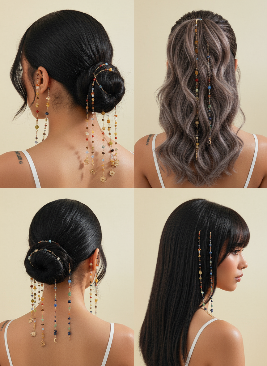 Boho Gemstone Hair Chain with Sun Moon Charms - Festival Hair Jewelry for Braids