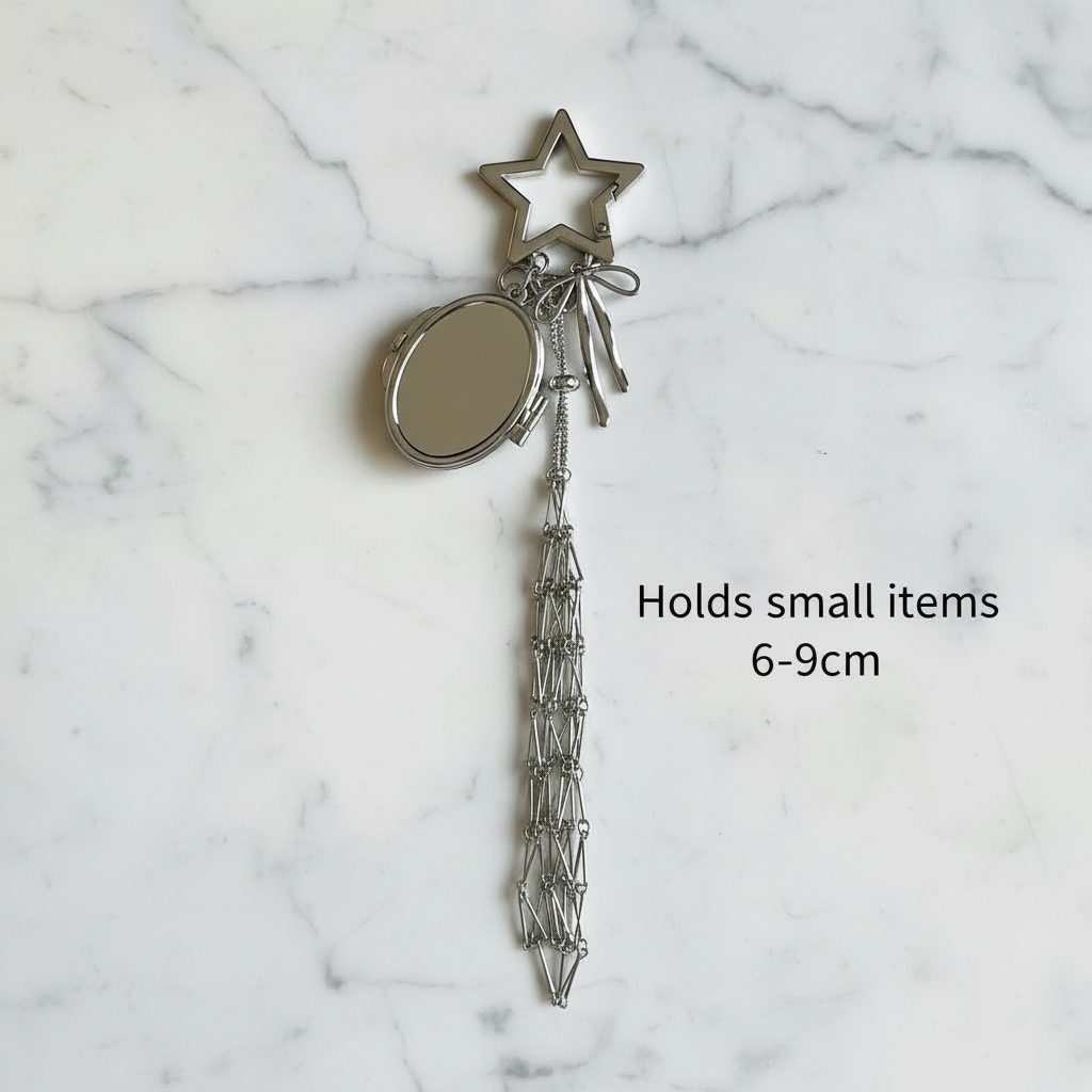 Silver Mirror Pendant Bag Charm - Star & Heart Keychain with Portable Storage
