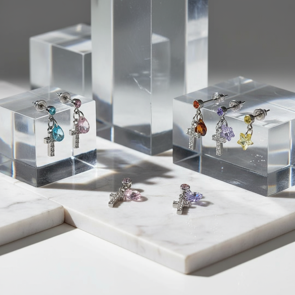 Colorful CZ Cross Earrings - Gold Plated Dangle Stud Earrings for Women Multi Piercing Jewelry Set