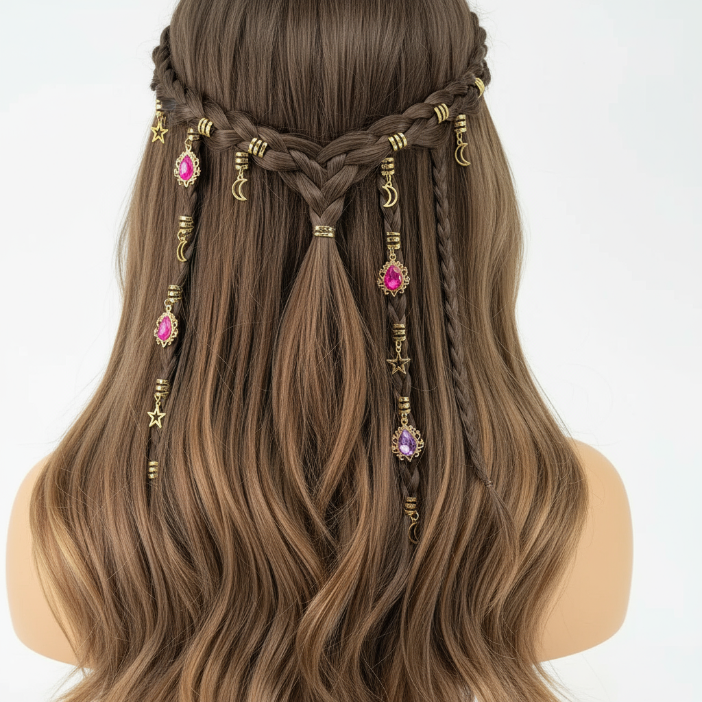 Gold Hair Braid Charms Set - Star Moon Gemstone Pendants