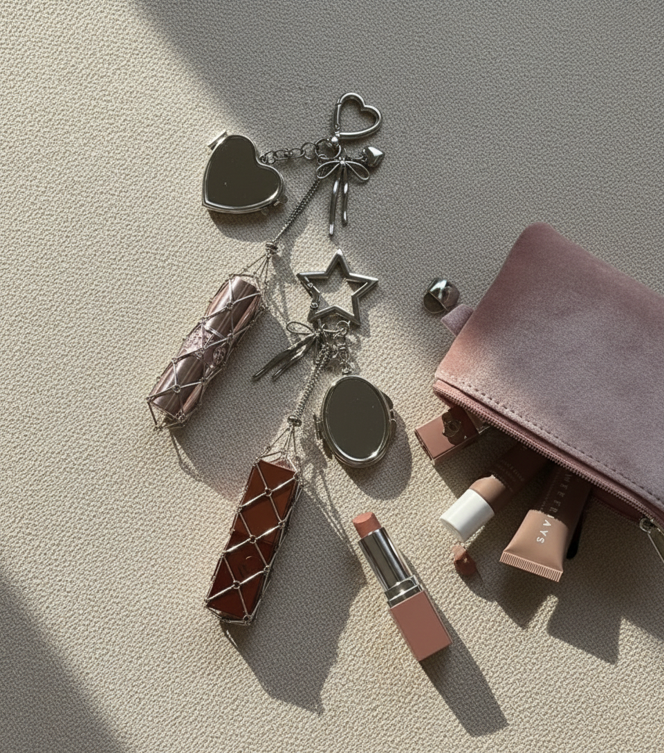 Silver Mirror Pendant Bag Charm - Star & Heart Keychain with Portable Storage