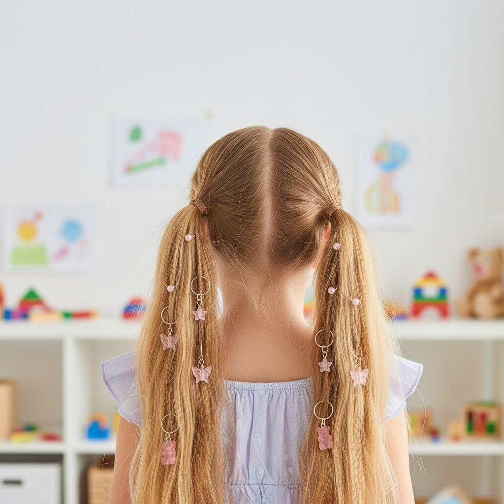 Cute Pink Hair Rings Set - Stars Butterflies Teddy Bear Charms
