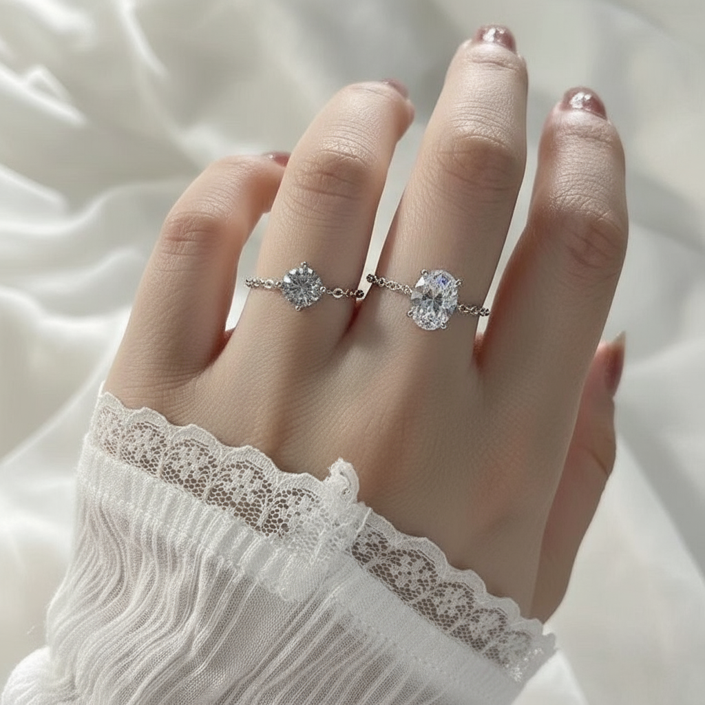 💎 Adjustable Moissanite Chain Ring | Round/Oval Cut Ring