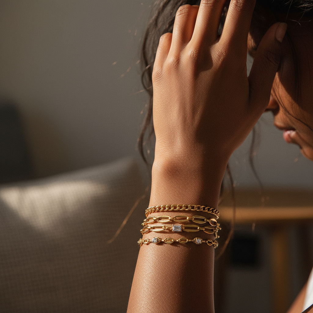 18K Gold Titanium Steel Chain Bracelets for Women, Dainty Layered Link Bracelets with Cubic Zirconia, Stackable Minimalist Jewelry Set, Elegant Gift for Her