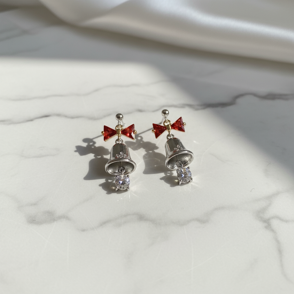 Christmas Bell Necklace Earrings Set - Red Bow CZ Jewelry Gold Silver Holiday Gift for Women