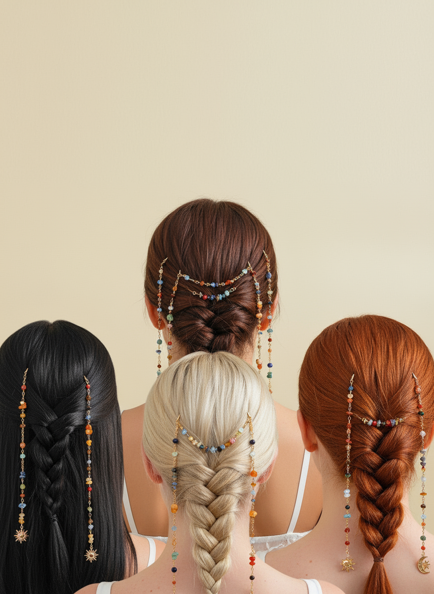 Boho Gemstone Hair Chain with Sun Moon Charms - Festival Hair Jewelry for Braids