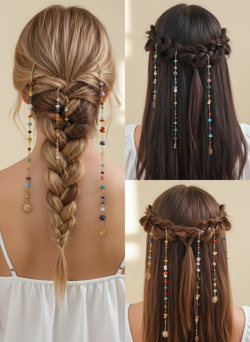 Boho Gemstone Hair Chain with Sun Moon Charms - Festival Hair Jewelry for Braids