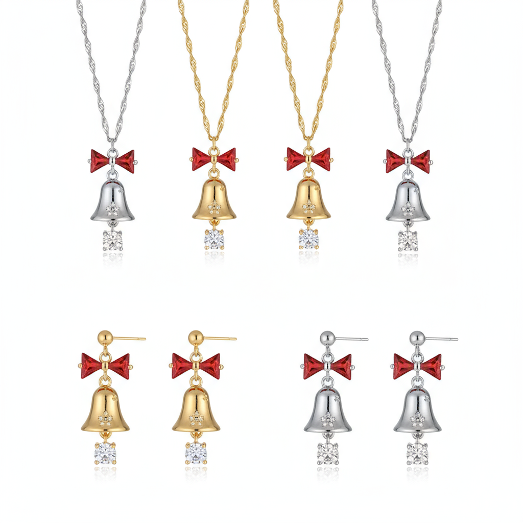 Christmas Bell Necklace Earrings Set - Red Bow CZ Jewelry Gold Silver Holiday Gift for Women