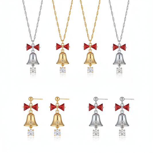 Christmas Bell Necklace Earrings Set - Red Bow CZ Jewelry Gold Silver Holiday Gift for Women