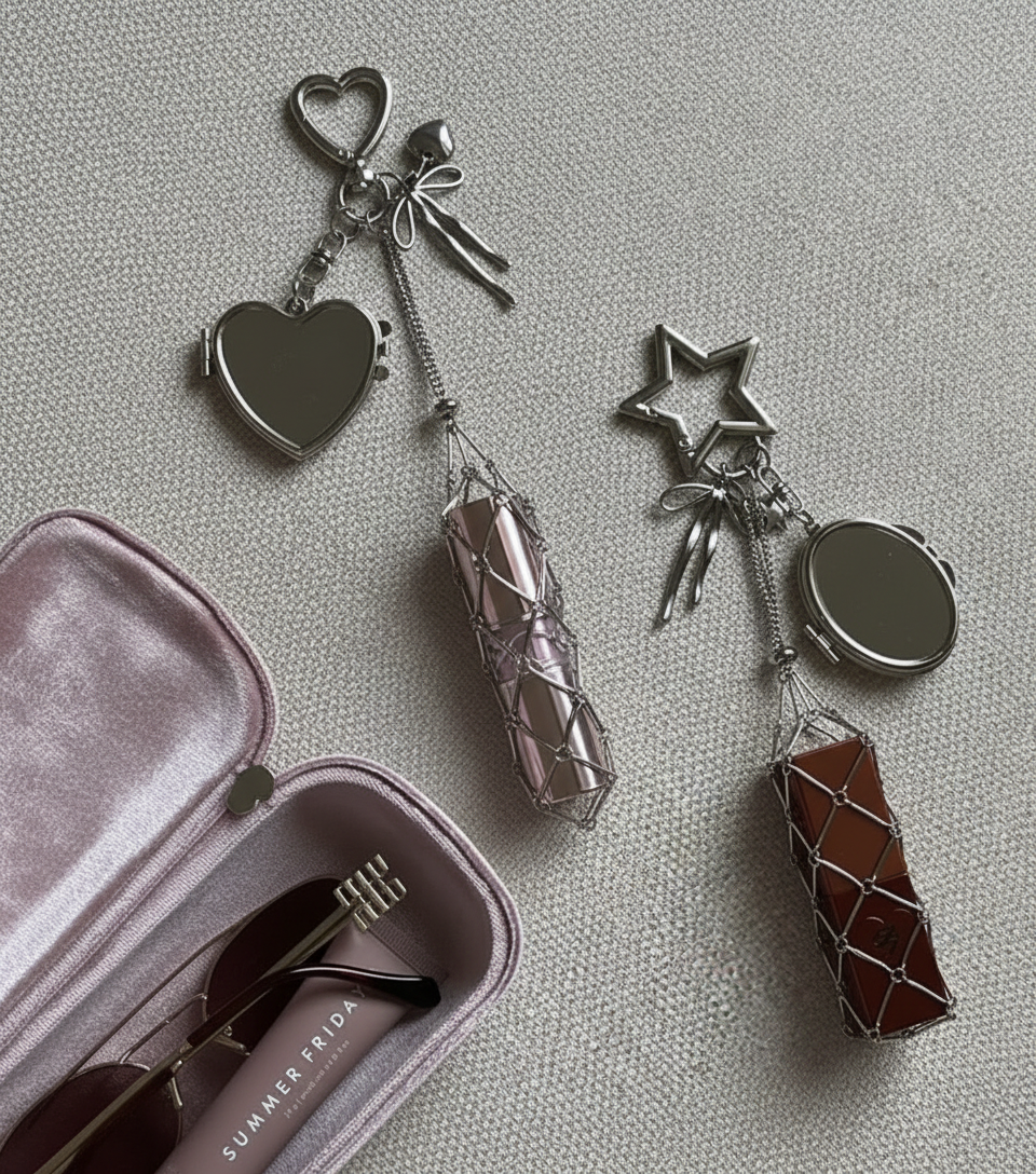 Silver Mirror Pendant Bag Charm - Star & Heart Keychain with Portable Storage