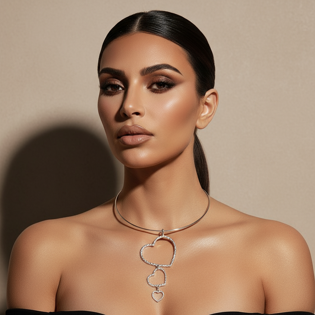 Silver Hoop Necklace with Cascading Heart Charms