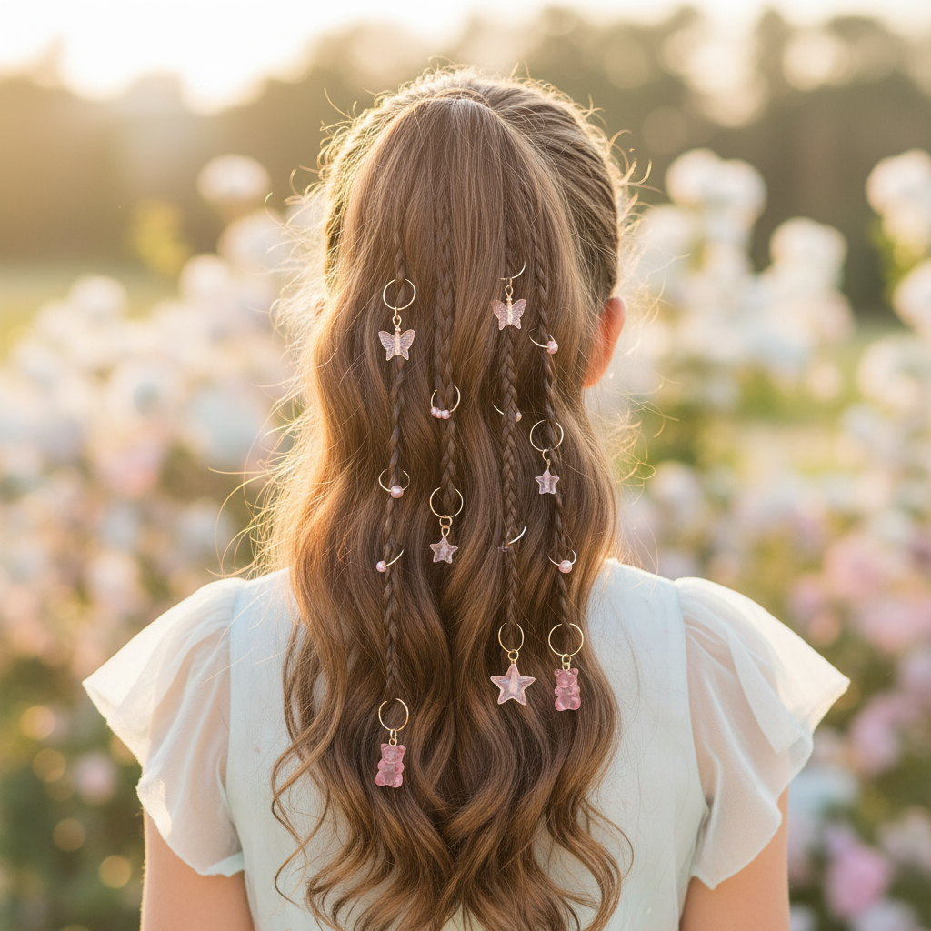 Cute Pink Hair Rings Set - Stars Butterflies Teddy Bear Charms