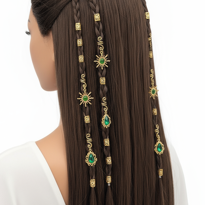 Bohemian Sun Charm Hair Jewelry with Green Gemstones - Gold Hair Accessories