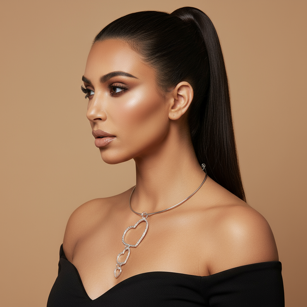 Silver Hoop Necklace with Cascading Heart Charms