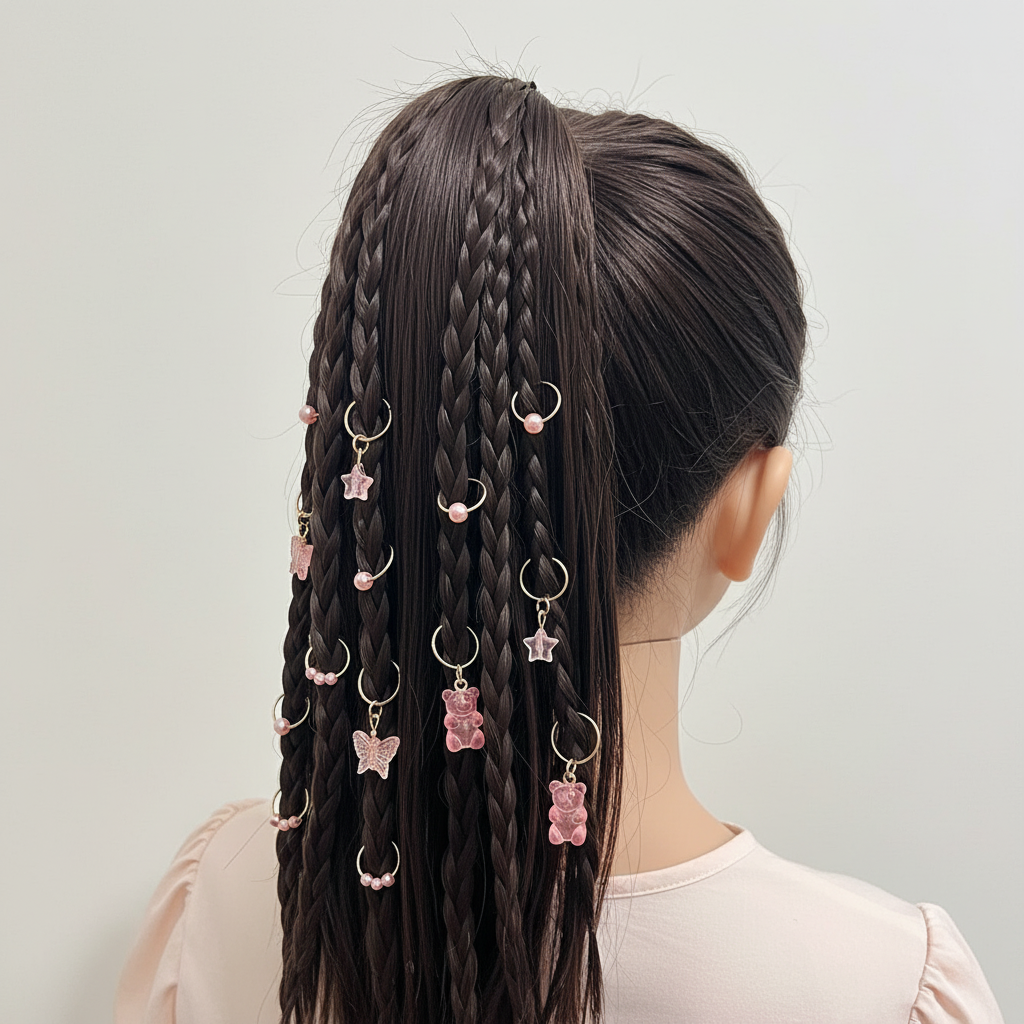 Cute Pink Hair Rings Set - Stars Butterflies Teddy Bear Charms