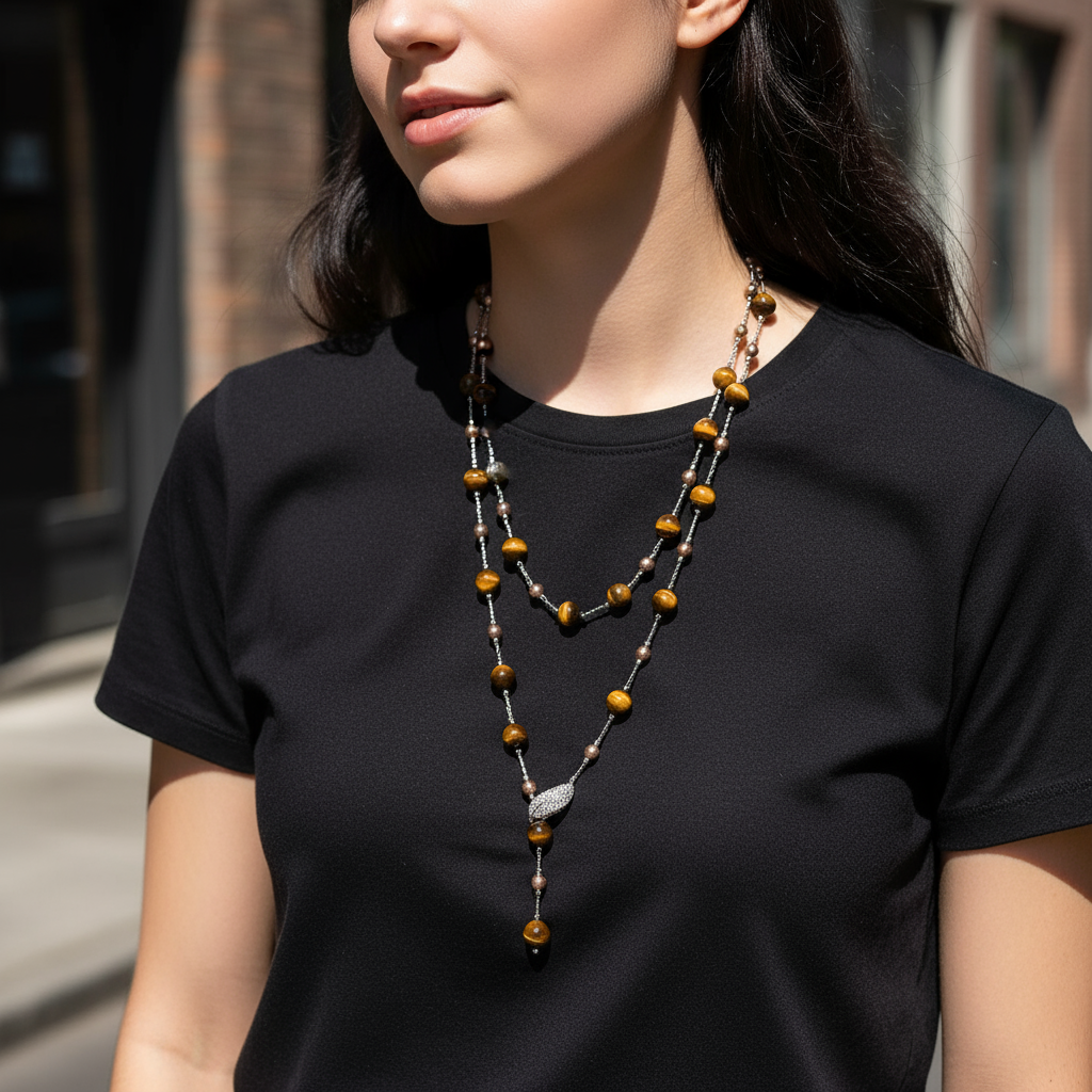 Tiger's Eye Sweater Necklace Long Layered Chain Crystal Leaf Accent