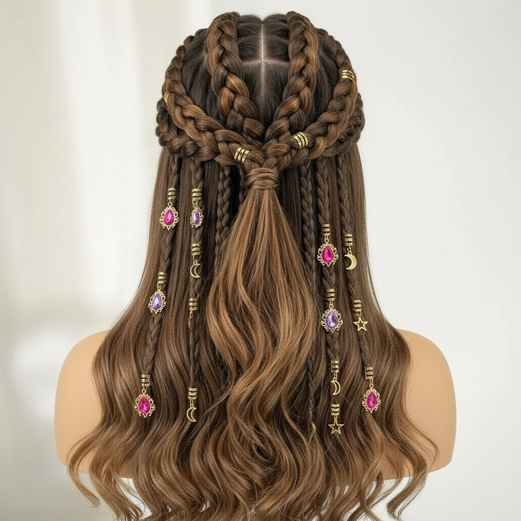 Gold Hair Braid Charms Set - Star Moon Gemstone Pendants