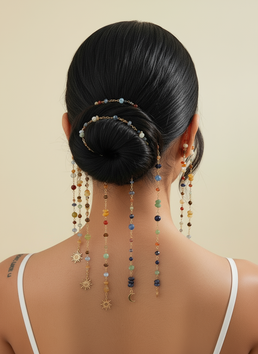 Boho Gemstone Hair Chain with Sun Moon Charms - Festival Hair Jewelry for Braids