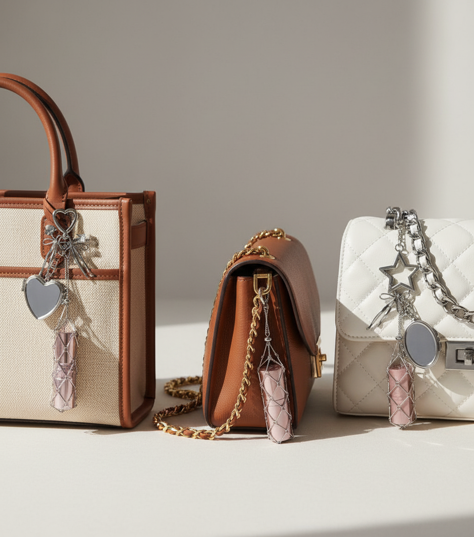 Silver Mirror Pendant Bag Charm - Star & Heart Keychain with Portable Storage