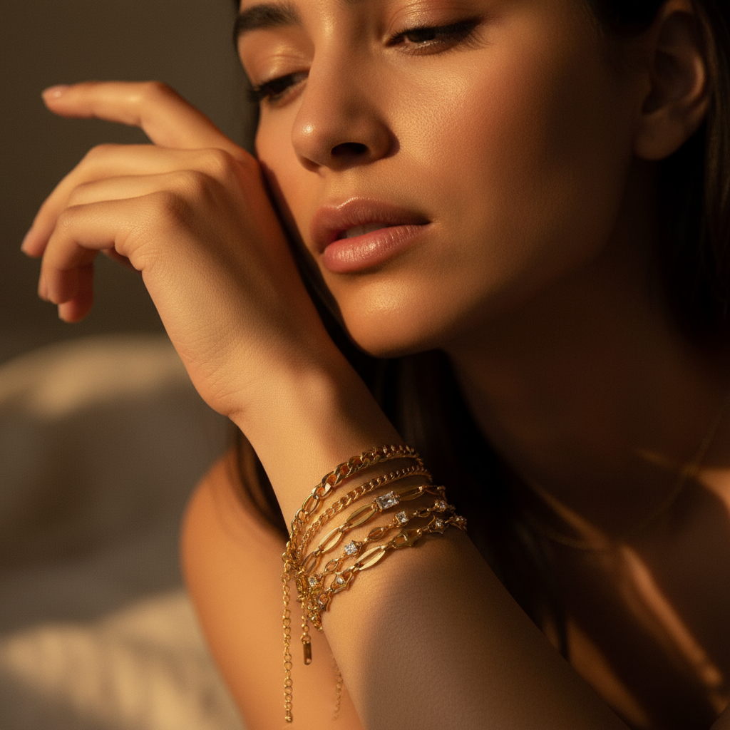 18K Gold Titanium Steel Chain Bracelets for Women, Dainty Layered Link Bracelets with Cubic Zirconia, Stackable Minimalist Jewelry Set, Elegant Gift for Her