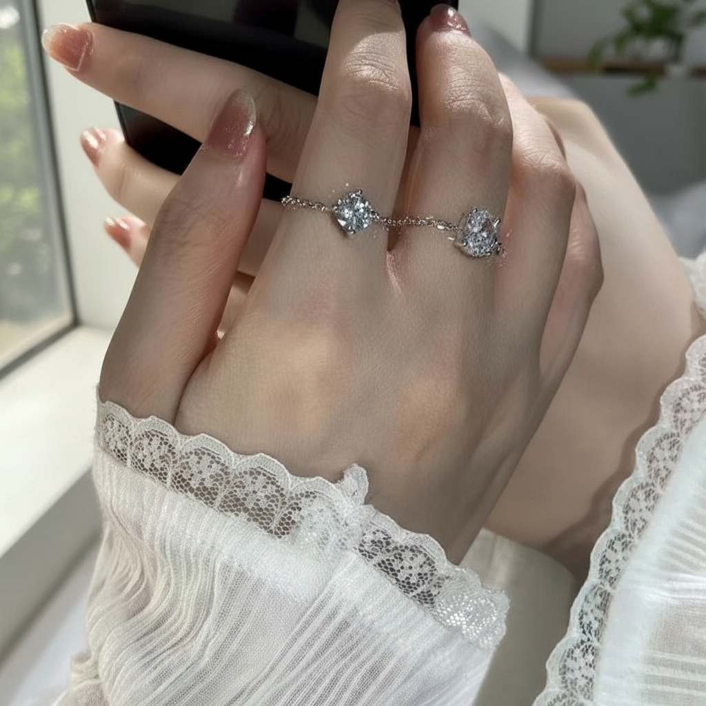 💎 Adjustable Moissanite Chain Ring | Round/Oval Cut Ring