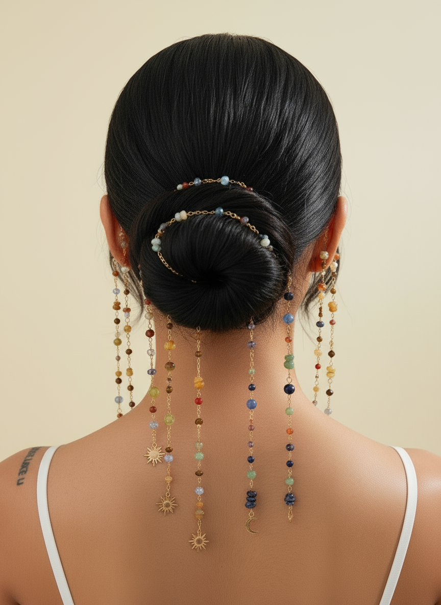 Boho Gemstone Hair Chain with Sun Moon Charms - Festival Hair Jewelry for Braids