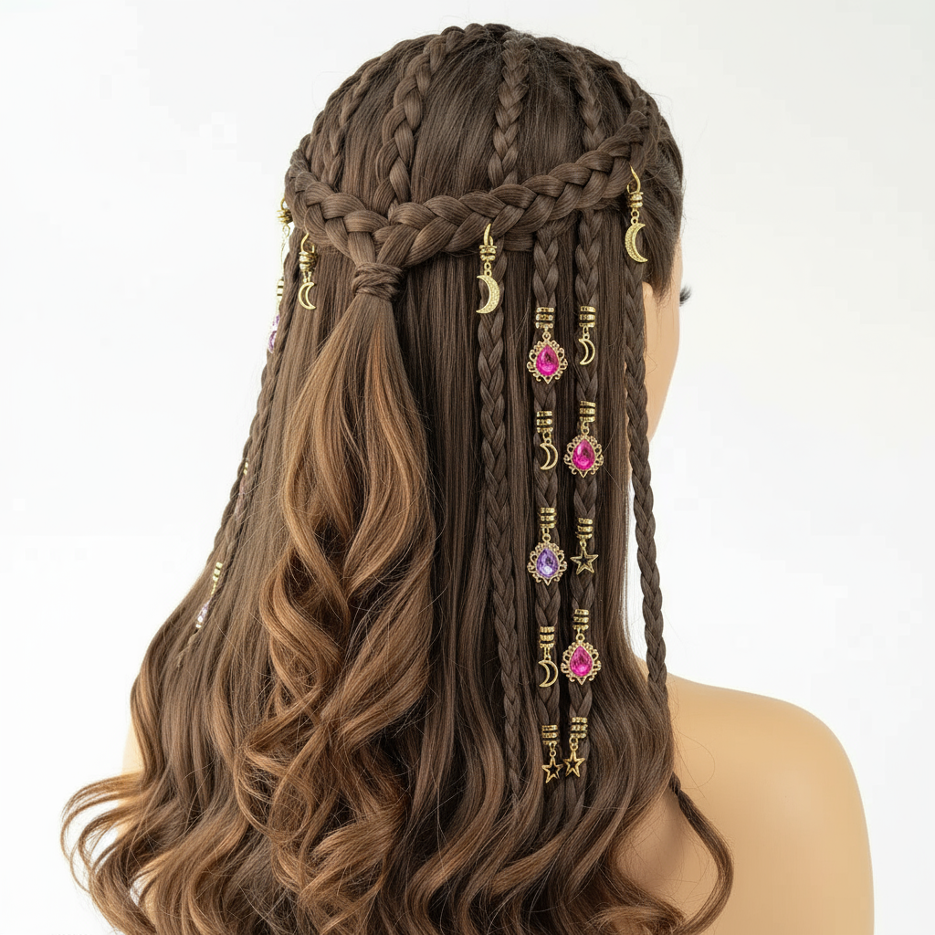 Gold Hair Braid Charms Set - Star Moon Gemstone Pendants