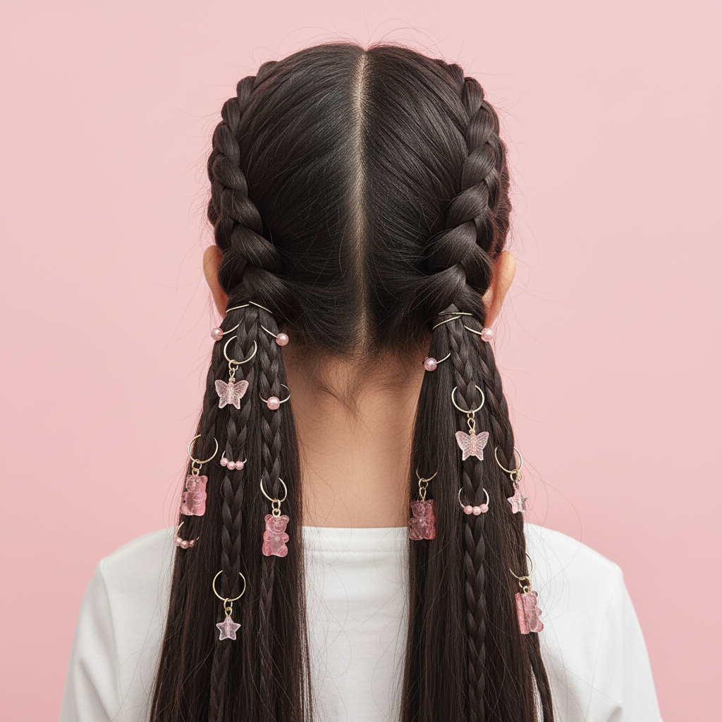 Cute Pink Hair Rings Set - Stars Butterflies Teddy Bear Charms