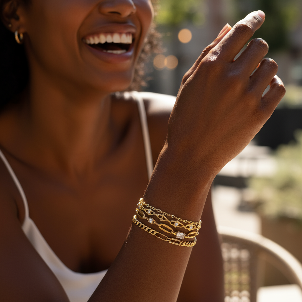 18K Gold Titanium Steel Chain Bracelets for Women, Dainty Layered Link Bracelets with Cubic Zirconia, Stackable Minimalist Jewelry Set, Elegant Gift for Her