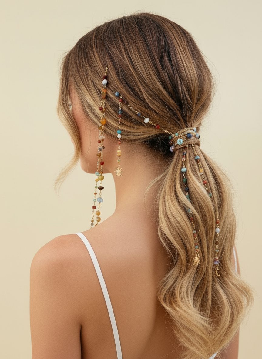 Boho Gemstone Hair Chain with Sun Moon Charms - Festival Hair Jewelry for Braids