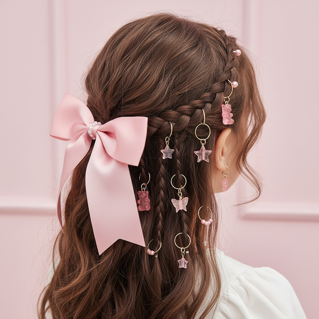 Cute Pink Hair Rings Set - Stars Butterflies Teddy Bear Charms