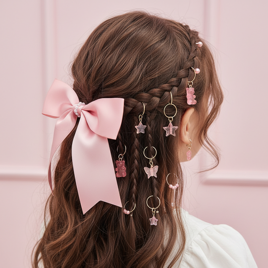 Cute Pink Hair Rings Set - Stars Butterflies Teddy Bear Charms