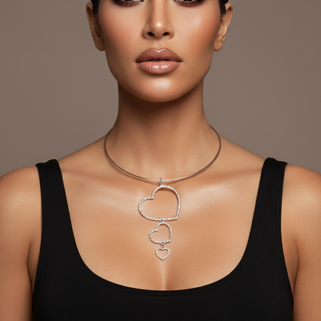 Silver Hoop Necklace with Cascading Heart Charms