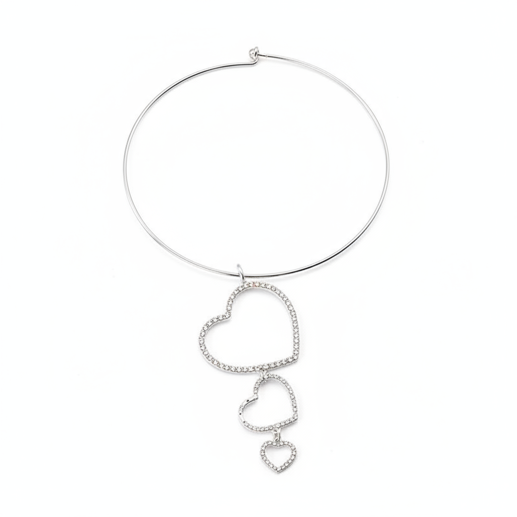 Silver Hoop Necklace with Cascading Heart Charms