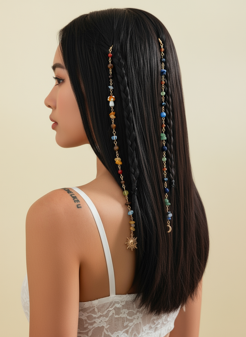 Boho Gemstone Hair Chain with Sun Moon Charms - Festival Hair Jewelry for Braids