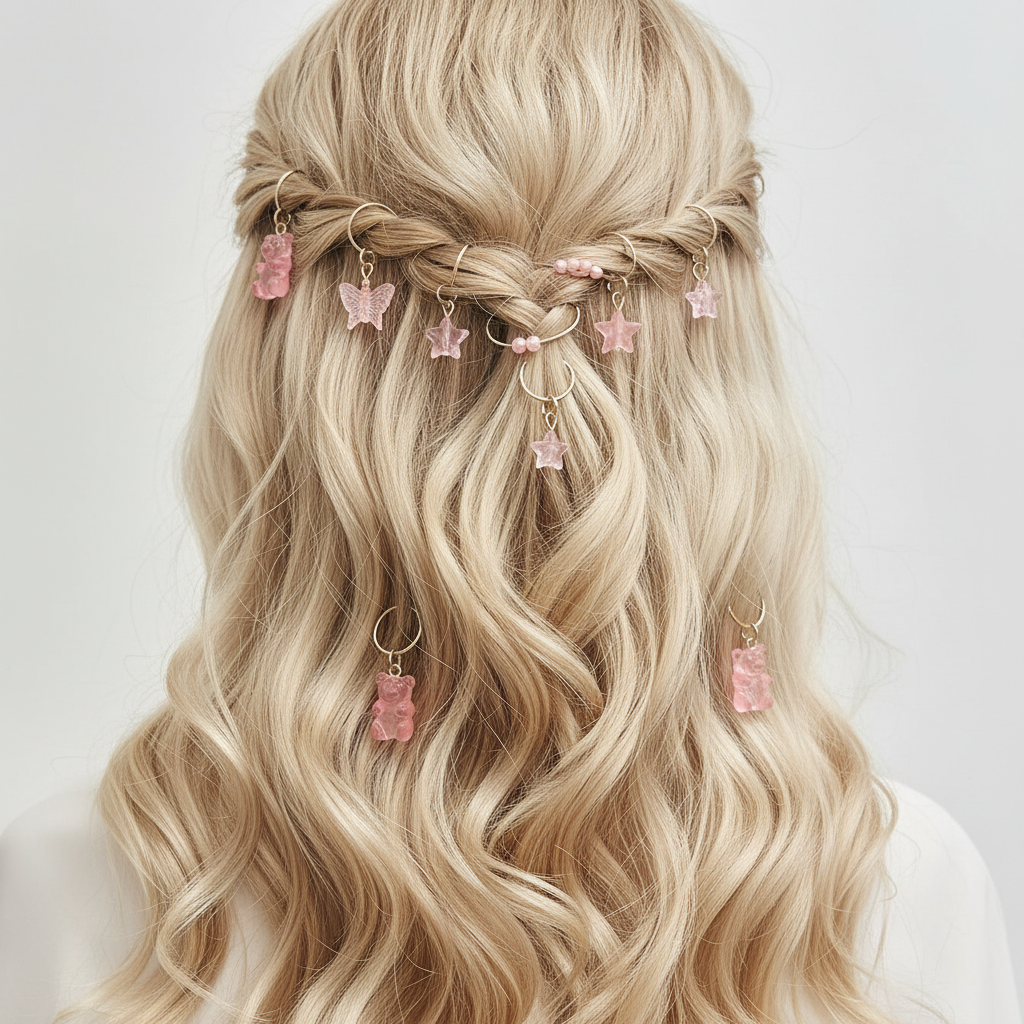 Cute Pink Hair Rings Set - Stars Butterflies Teddy Bear Charms