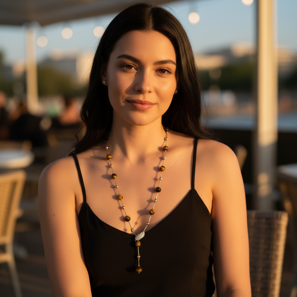 Tiger's Eye Sweater Necklace Long Layered Chain Crystal Leaf Accent