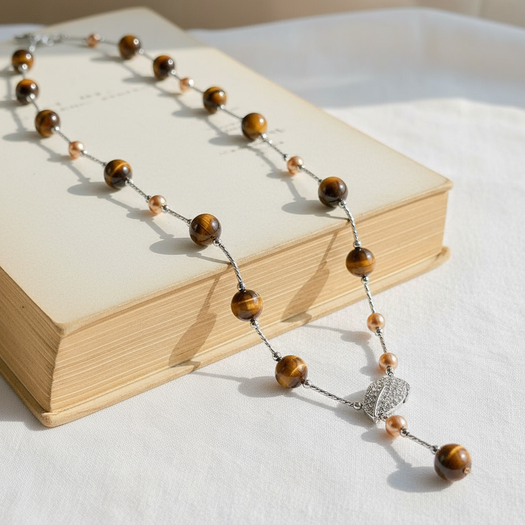 Tiger's Eye Sweater Necklace Long Layered Chain Crystal Leaf Accent