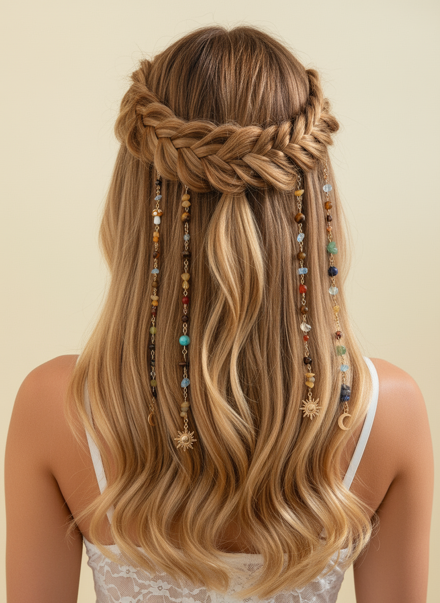 Boho Gemstone Hair Chain with Sun Moon Charms - Festival Hair Jewelry for Braids