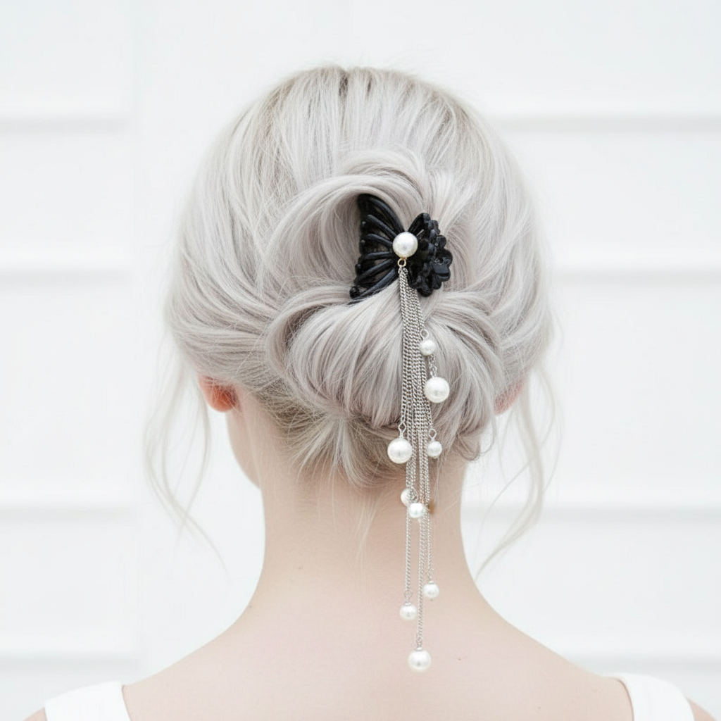 Black Butterfly Pearl Tassel Hair Clip