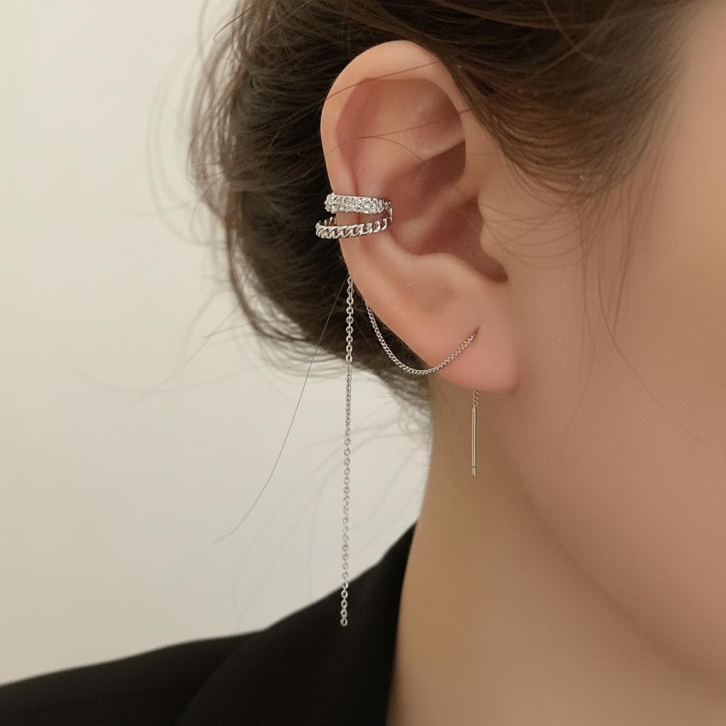 Silver Plated Crystal Chain Ear Cuff - Double Layer No Piercing Earring