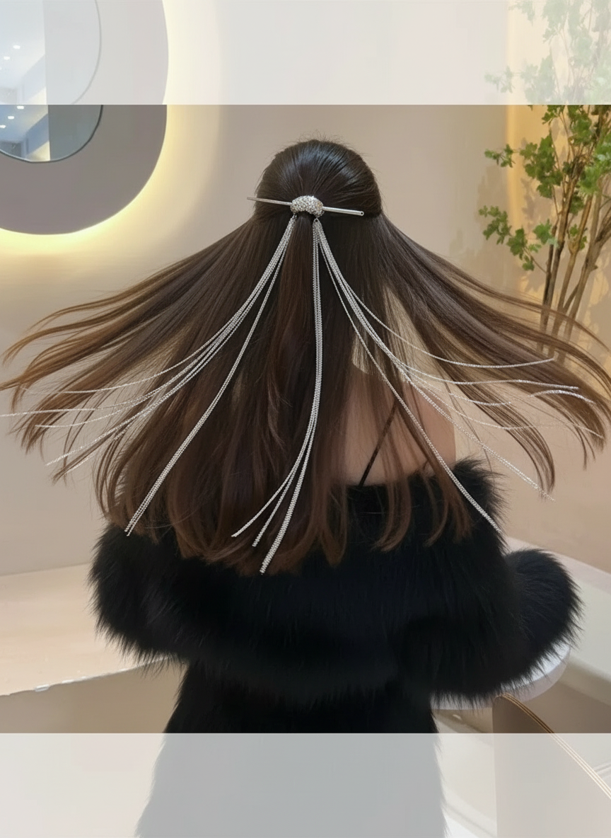 Silver Chain Tassel Hair Stick with Crystal