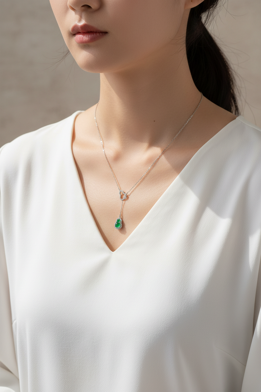 925 Sterling Silver Green Chalcedony Y Necklace - Lariat Necklace with Heart Charm