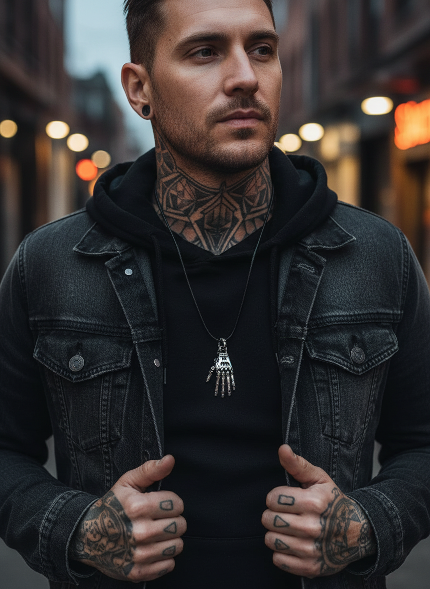 Men's Articulated Mechanical Skeleton Hand Necklace Pendant - With Gift Box