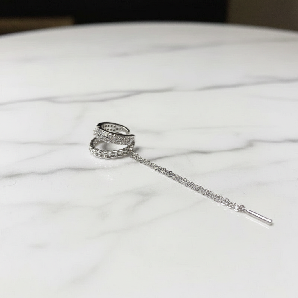 Silver Plated Crystal Chain Ear Cuff - Double Layer No Piercing Earring