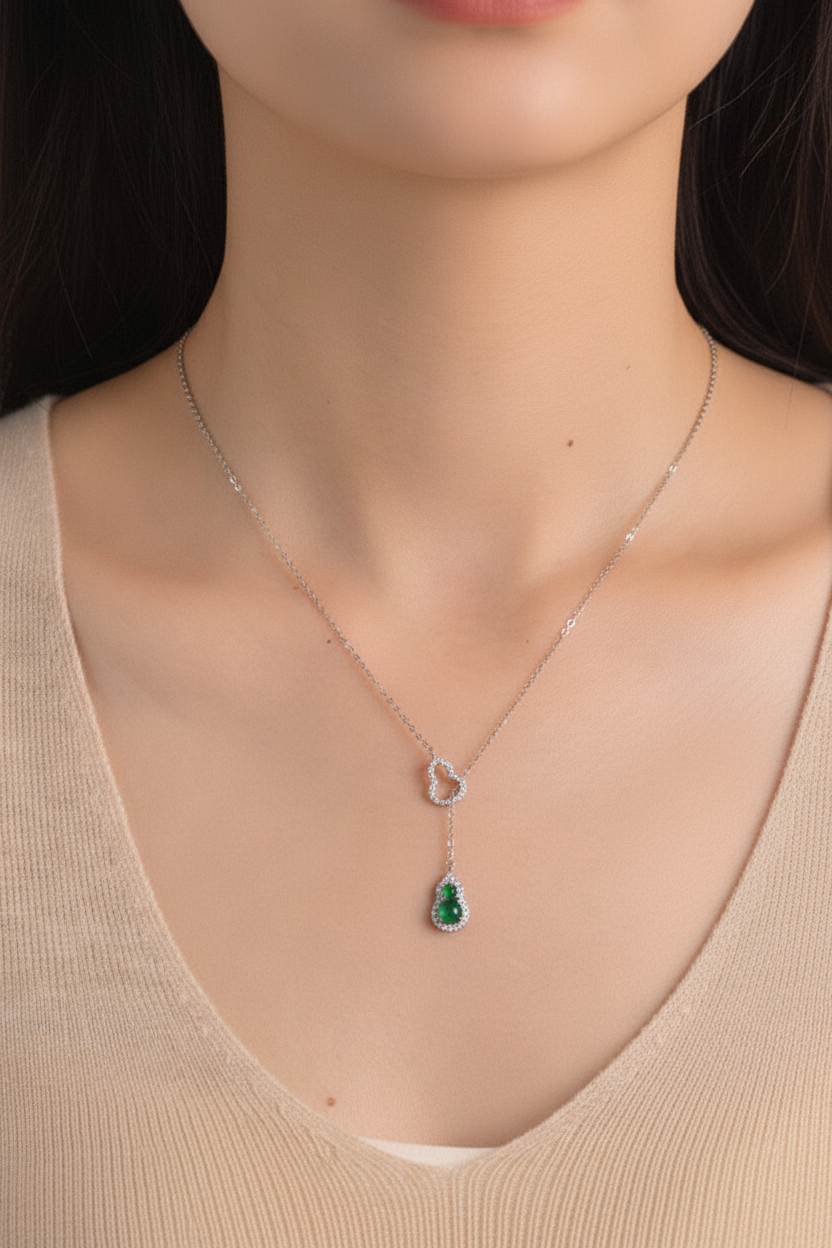 925 Sterling Silver Green Chalcedony Y Necklace - Lariat Necklace with Heart Charm