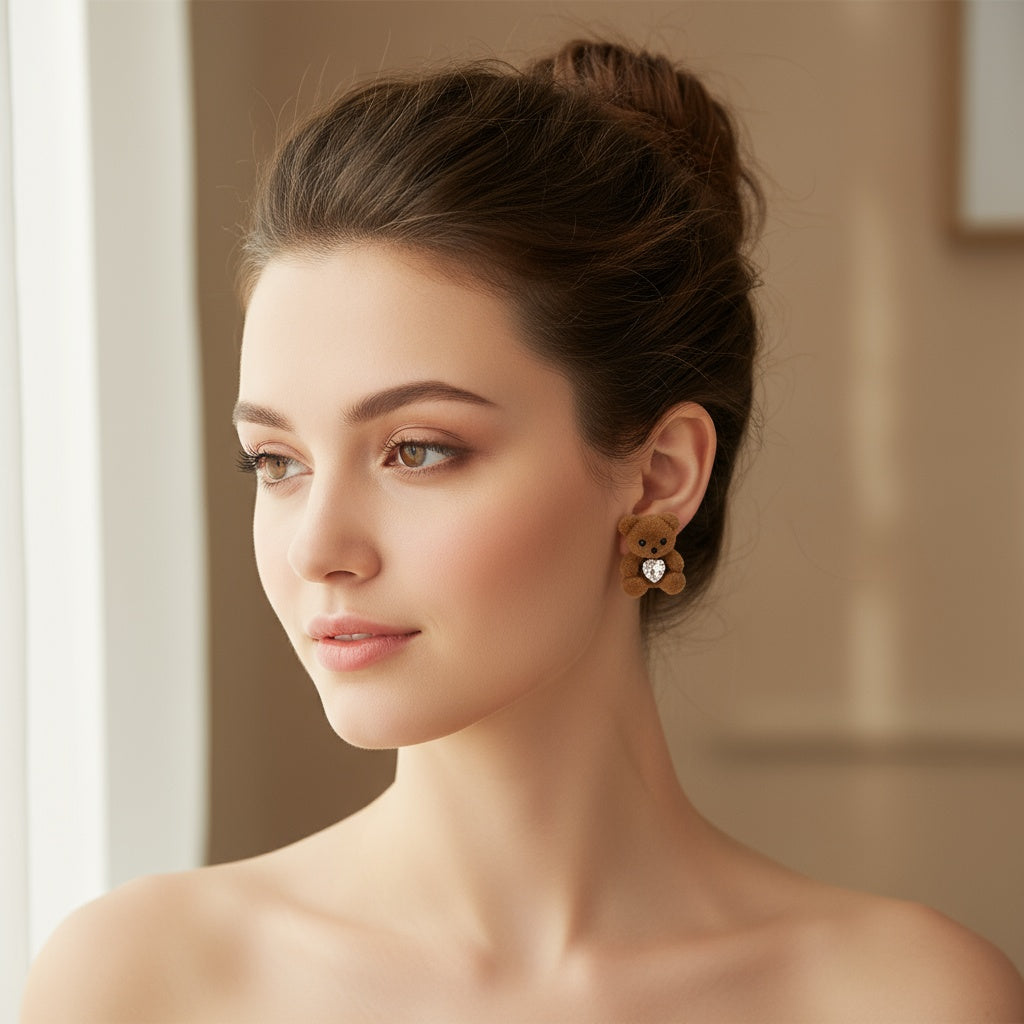 Cute Teddy Bear Stud Earrings Women Flocked Brown Bear Hugging Heart Zirconia Kawaii Gift