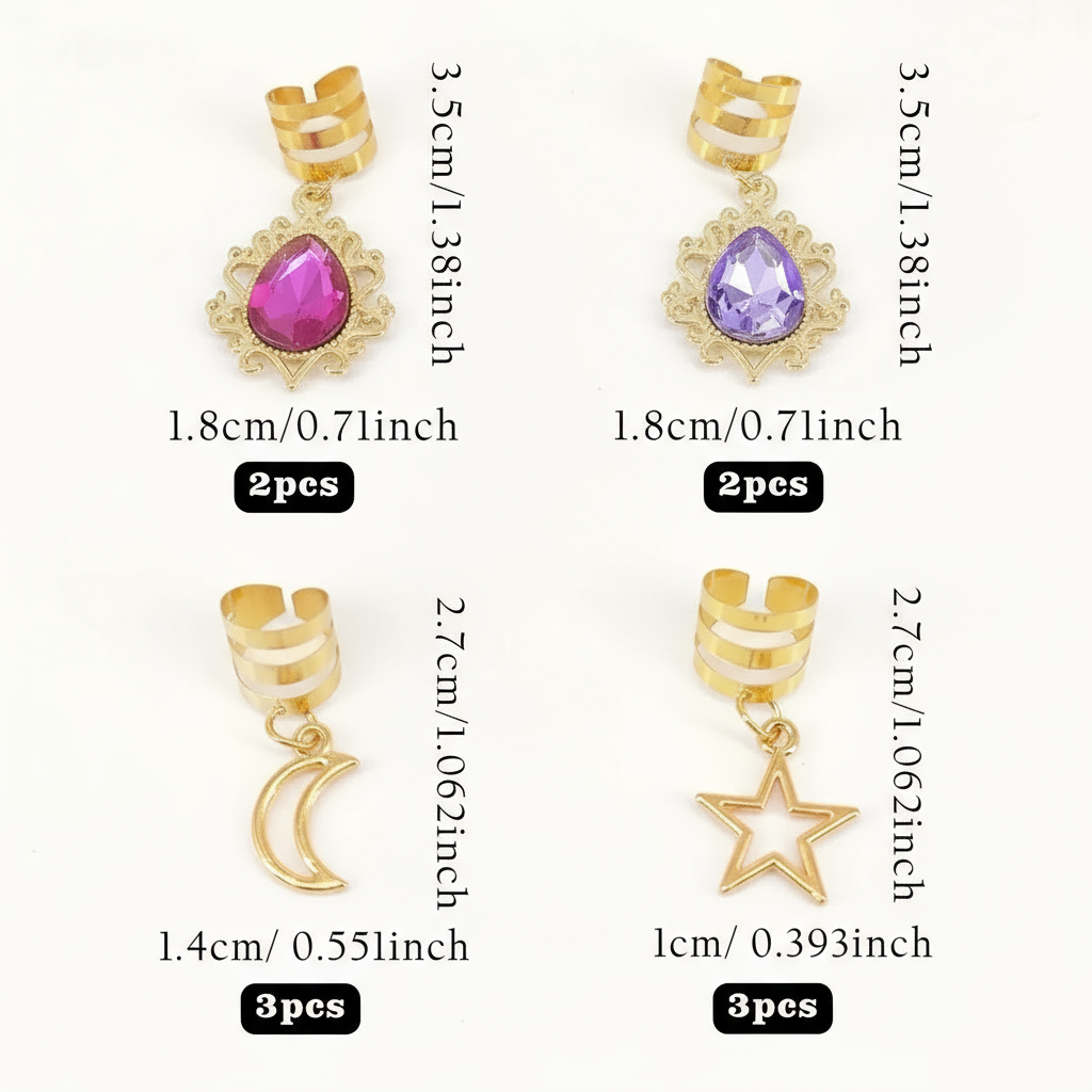 Gold Hair Braid Charms Set - Star Moon Gemstone Pendants