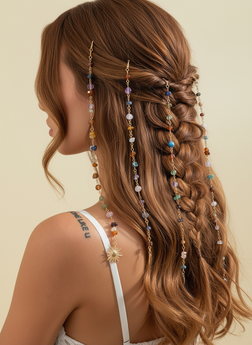 Boho Gemstone Hair Chain with Sun Moon Charms - Festival Hair Jewelry for Braids